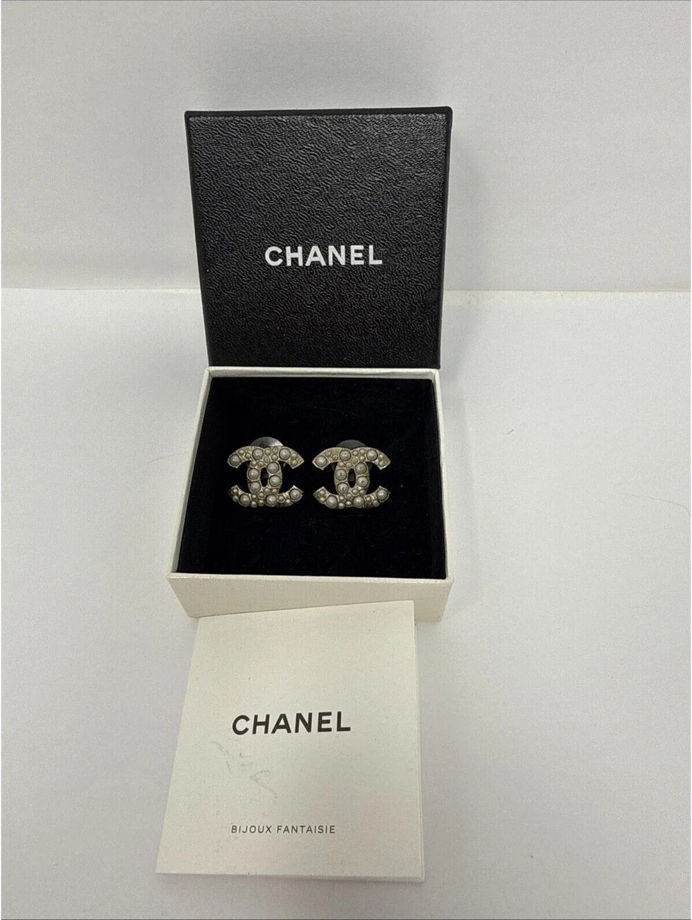 CHANEL Gold Tone CC Logo Stud Earrings White  Faux Pearl